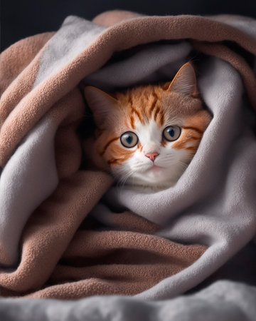 Cute kitten under a blanket in a cold day. Generative AI.の素材
