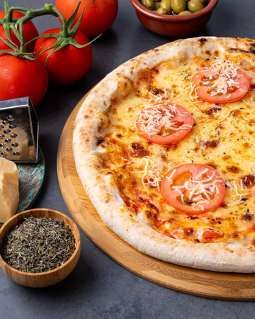 Neapolitan style pizza over stone background with tomatoes, olives and oregano.の写真素材