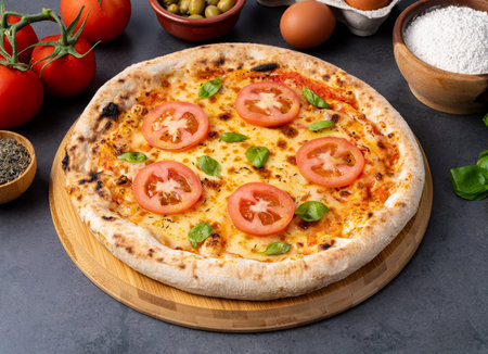 Margherita pizza with tomatoes, olive oil, eggs and flour over wooden table.の写真素材