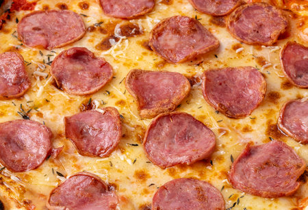 Closeup of calabrese sausage style pizza.の写真素材