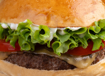 Cheeseburger with lettuce, tomato and mayonnaise on wooden board with french fries and soda.の写真素材