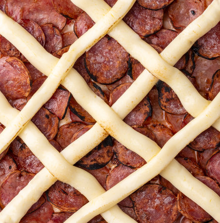 Detail of Calabrian sausage and Catupiry cream cheese pizza with tomatoes isolated over white background.の写真素材