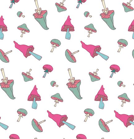 Seamless pattern and background for packaging organic, healthy and vegan food. Linear plants pattern vector of forest mushroomsのイラスト素材