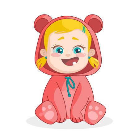 Cute cartoon girl in a pink bear costume. Vector illustrationのイラスト素材