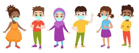 Kids with protection medical face mask to protect and prevent virus, disease, flu, air pollution, contamination, corona. Boy and girl wear mask against smog. Vector illustration.のイラスト素材