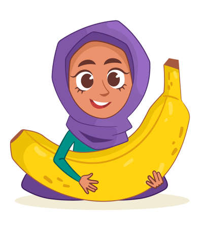 Cute muslim girl holding a banana in her hands. Child with fruits. Vector illustration. Isolated on a white background.のイラスト素材