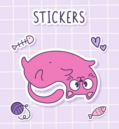 Cute cartoon pink cat plays lying on his back. Sticker of a cat with toys on a checkered background. Label Sticker.のイラスト素材