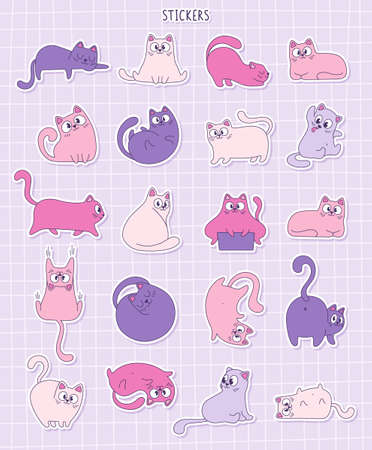 Large set of stickers with cute cartoon cats. Funny cats on checkered background. Label Sticker. Vector illustrationのイラスト素材