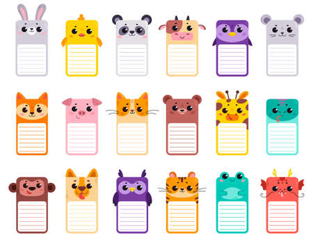 Large set of note cards with different cute animals. Rectangular cards for educational play with children. Vector illustrations for post-it notes, notes, to-do list and diary. Ruled space for text.のイラスト素材