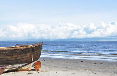 Summer landscape with boat part on coastlineの写真素材