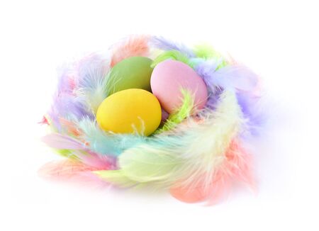 Three easter eggs in feather nest isolated on white backgroundの写真素材