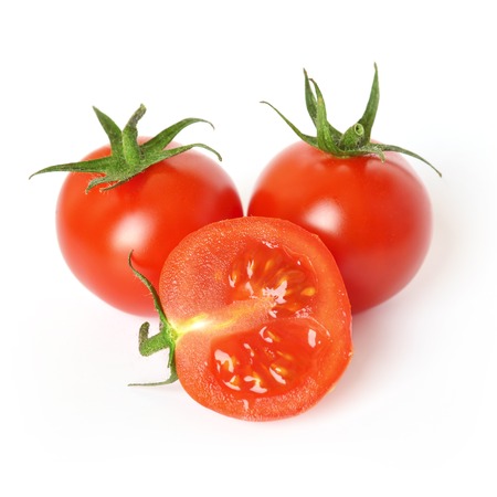 Organic cherry tomatoes isolated on white backgroundの写真素材