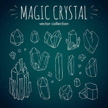 Magic crystal hipster style vector set. Hand drawn crystals in different shapes on dark green backgroundのイラスト素材