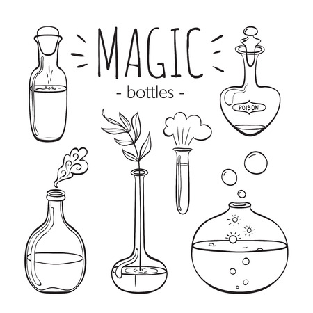 Magic glass bottles set. Hand drawn bottles isolated on white background. Doodle collection. Magic glass bottles collection for coloring books.のイラスト素材
