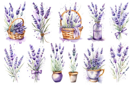 set of elements of lavender flowers on an isolated white background, a basket with lavender, vase, bottle, hearts, bouquet, macarons, watercolor illustration, hand drawingの写真素材
