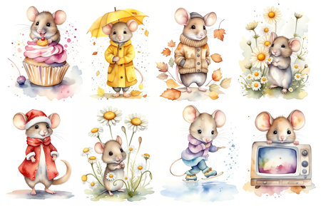 Cute little mouse watercolor illustration set. In different situations like: standing confident, eating cupcake, eating cheese, holding flowers, walkinh in the rain in yellow raincoat and umbrella, in Christmas costume, Ice skating on winter lakeの素材