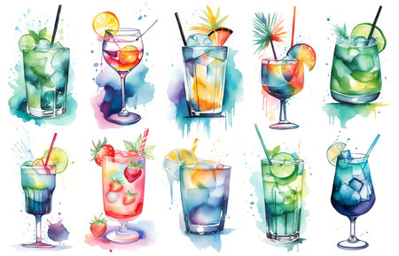Alcohol drinks and cocktails watercolor illustration set. Refreshing colorfull cocktails with ice cubes and lemons. Party in the club. Created for menu designs. Set of alcoholic drinks like Mojito or Martini.の素材