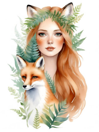 Portrait of romantic girl with fern and fox. Watercolor illustration set isolated on white background.の素材