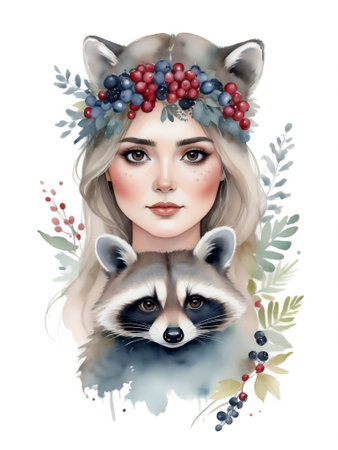 Portrait of romantic girl with wild flowers, berries and leaves and raccoon. Watercolor illustration set isolated on white background.の素材