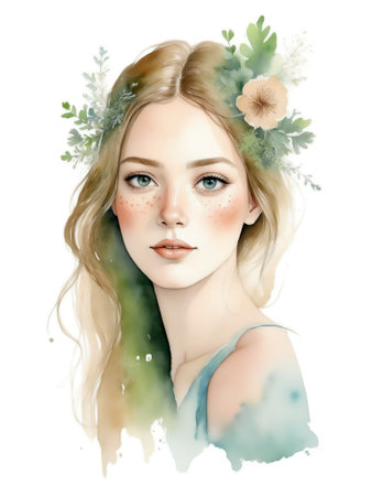 Portrait of romantic girl with wild flowers and leaves. Watercolor illustration set isolated on white backgroundの素材
