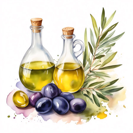 Watercolor hand drawn illustration with olives and olive oil.の素材