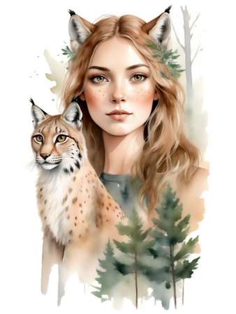Portrait of romantic girl with forest elements and lynx. Watercolor illustration set isolated on white background.の素材