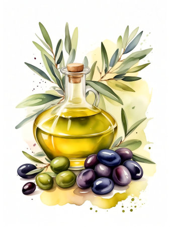 Watercolor hand drawn illustration with olives and olive oil.の素材