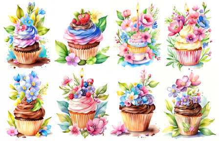 Set cupcakes on a white background. Icons. Isolated. Sweet pastries decorated with cherry, cowberry, raspberries, mint, candy, chocolate and star.の素材