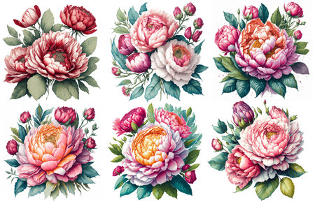 Set of peony flowers arrangement. Wedding concept - flowers. Floral poster, invitation. Watercolor illustration setの素材