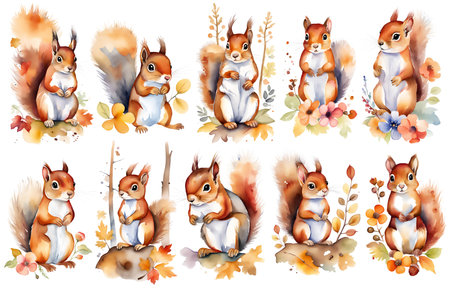 Cute baby fox, woodland animal nursery watercolor illustration set. Illustration for children. Nursery posters.の素材