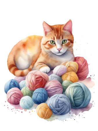 The orange cat with a colorful balls of yarn. Cute yellow cat watercolor illustration isolated on white background.の素材