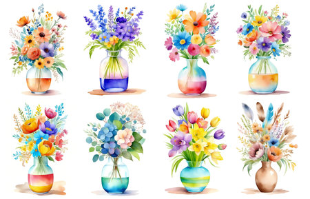 Set of colorful blooming flowers in vases. Boho flowers. Watercolor illustration isolated on white background.の素材