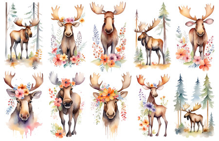 Cute baby moose, woodland animal nursery watercolor illustration set. Illustration for children. Nursery posters.の素材