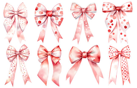 Big set of red gift bows with ribbons. Watercolor illustrations set isolated on white background.の素材