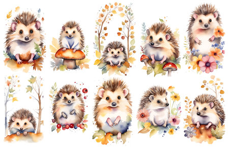 Cute baby hedgehog, woodland animal nursery watercolor illustration set. Illustration for children. Nursery posters.の素材