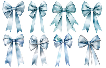 Big set of blue gift bows with ribbons. Watercolor illustrations set isolated on white background.の素材