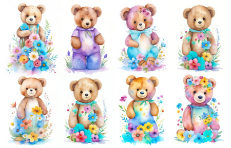 Adorable colorful bears with flowers. Watercolor illustration set isolated on white background.の素材