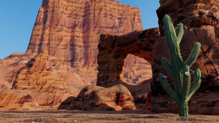 Cactus plants on the right with a background of cliffs and rocksの写真素材