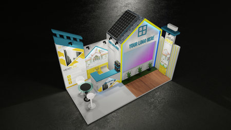 3D Render the home-themed solar panel booth, tp left view