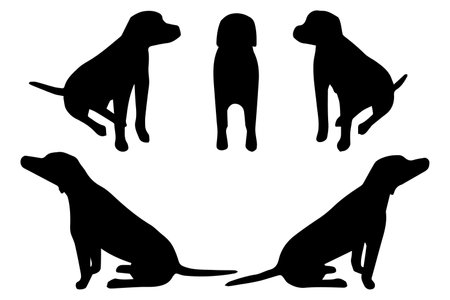 A collection of black dog silhouettes in various sitting and standing positions, displayed on a white background, perfect for design, illustration, and creative projects.のイラスト素材