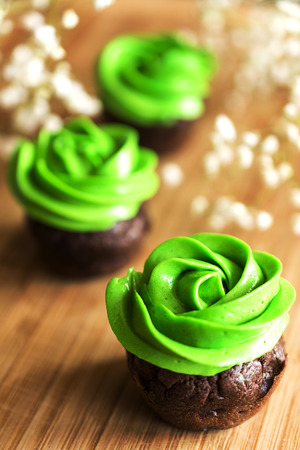 Chocolate mini cupcakes with green cream cheese frostingの写真素材