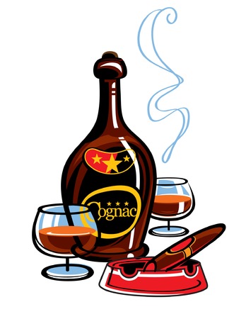 Bottle of Cognac and cigar in the ash trayのイラスト素材