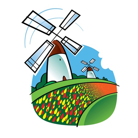 World famous landmark - Dutch Windmills and Tulips Flowers のイラスト素材