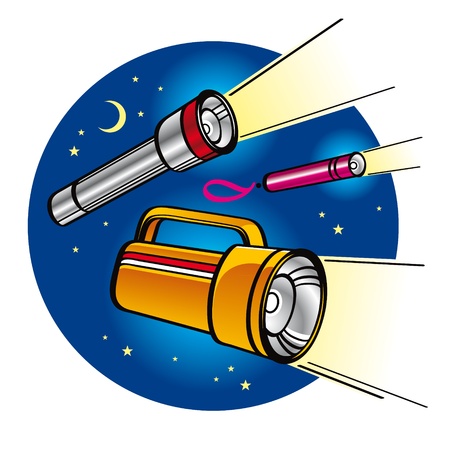 Set of Flashlights in the night sky with moon and stars のイラスト素材
