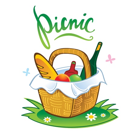 Picnic barbecue summer leisure vacations food in straw basketのイラスト素材