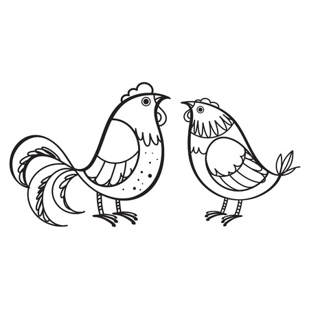 Rooster and Hen - domestic farm birdsのイラスト素材