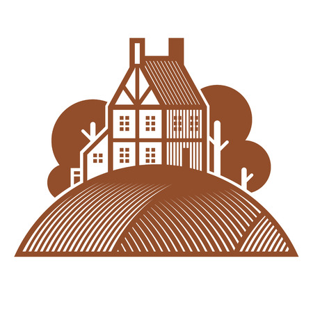 Country house with garden in the cultivated fieldsのイラスト素材