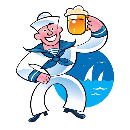 Merry sailor holding beer mug on the sea backgroundのイラスト素材