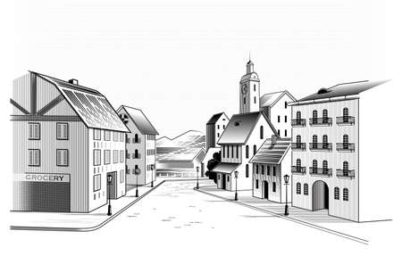Old town, black and white vector drawingのイラスト素材