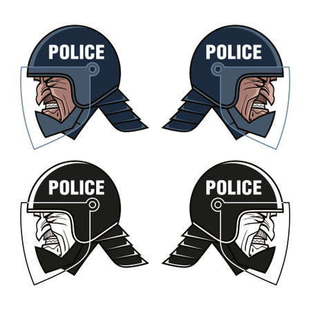 Riot police officer portrait, angry face, head in a helmet. Symbol of aggression and brutality.のイラスト素材